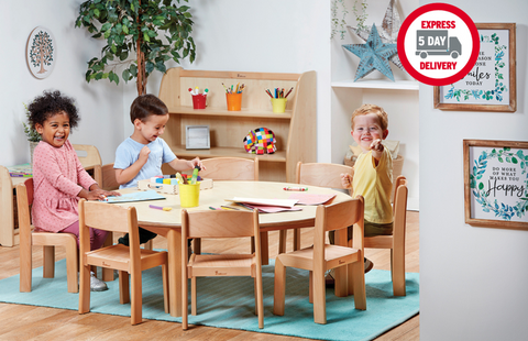 Large Circular Table + 8 Beech Stacking Chairs
