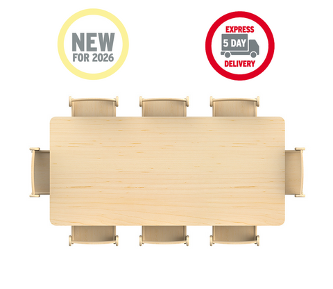 Large Rectangular Adjustable Table + 8 Beech Stacking Chairs