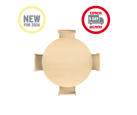 Medium Circular Adjustable Table + 4 Beech Stacking Chairs