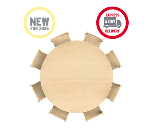 Large Circular Adjustable Table + 8 Beech Stacking Chairs